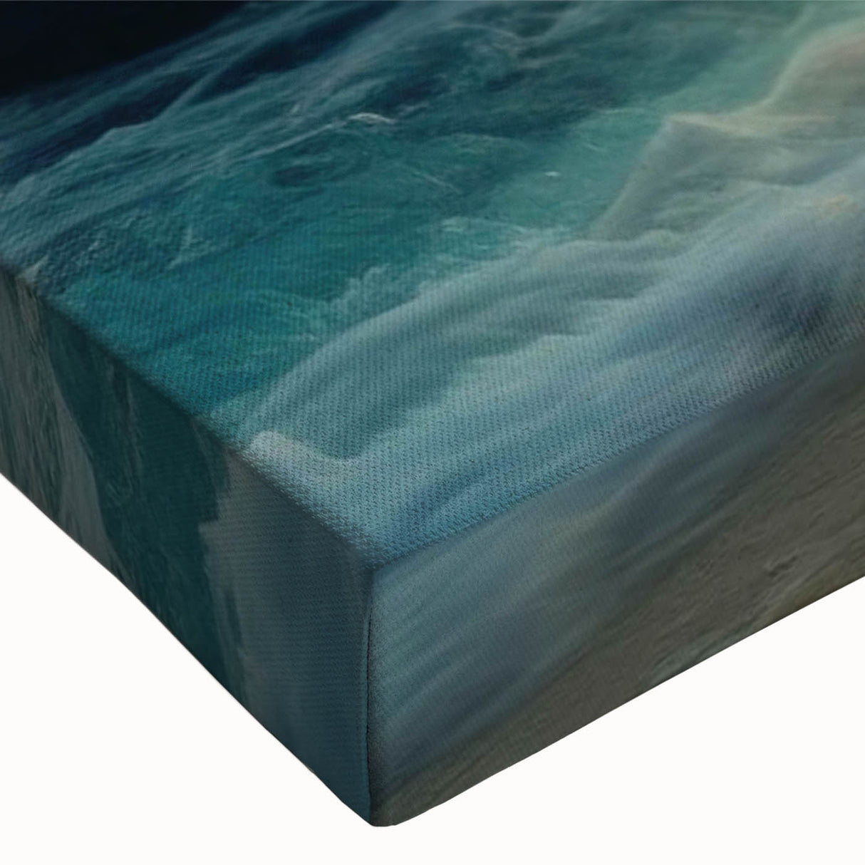 Close-up of a stretched canvas artwork showcasing a vibrant beach landscape design, featuring vivid blues and sandy tones, ideal for enhancing home decor.