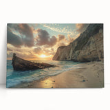 Stretched canvas wall art depicting a serene beach landscape with vibrant colors, perfect for home decor. The artwork leans against a textured wall, enhancing its visual appeal.
