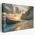 Stretched canvas wall art showcasing a serene beach landscape design with vibrant colors, perfect for home decor, displayed from a side view for dimension.