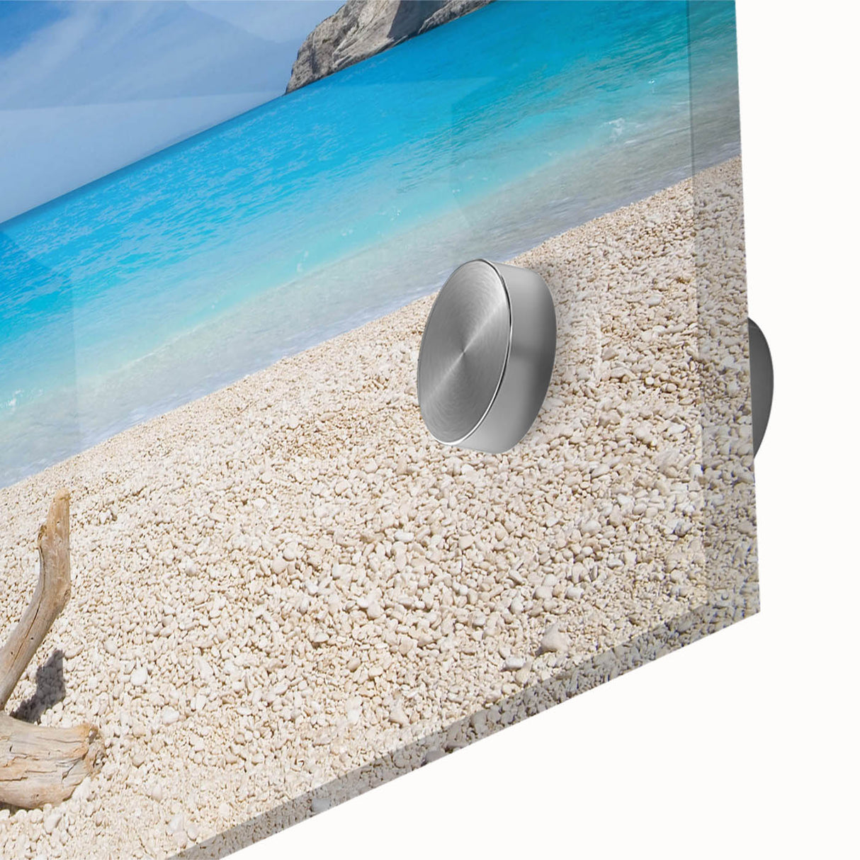 Close-up of a vibrant beach landscape wall art design, showcasing vivid colors and intricate details on acrylic glass, ideal for modern home decor.