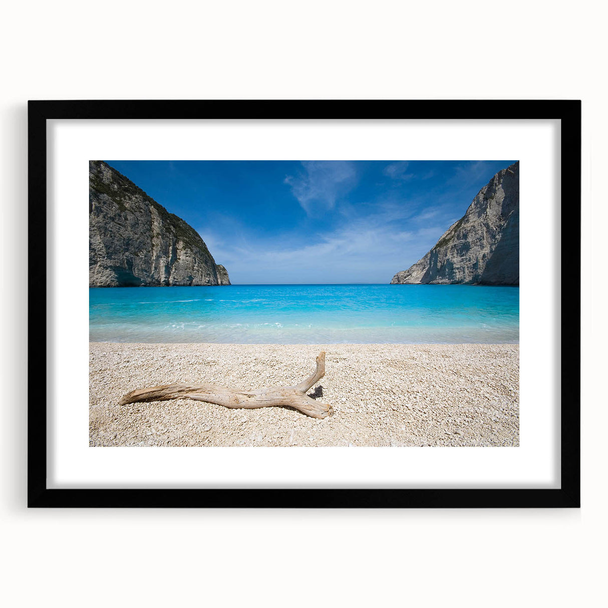 Framed wall art featuring a serene beach landscape with vibrant colors, set within a sleek black frame and white matting, perfect for home decor.