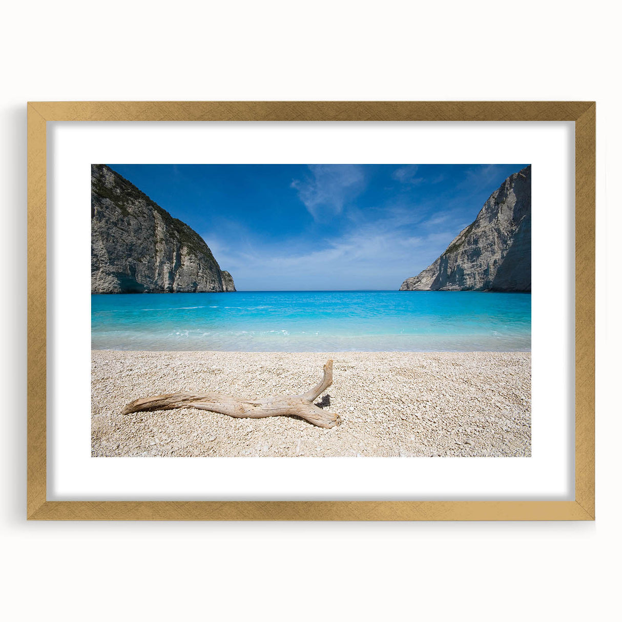 Framed wall art featuring a serene beach landscape with vibrant colors, elegant gold frame, and a white mat, perfect for enhancing any interior decor.