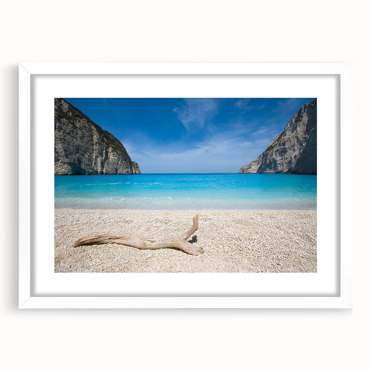 Framed wall art showcasing a serene beach landscape design with soft pastel colors, featuring a white mat and elegant wooden frame for stylish decor.