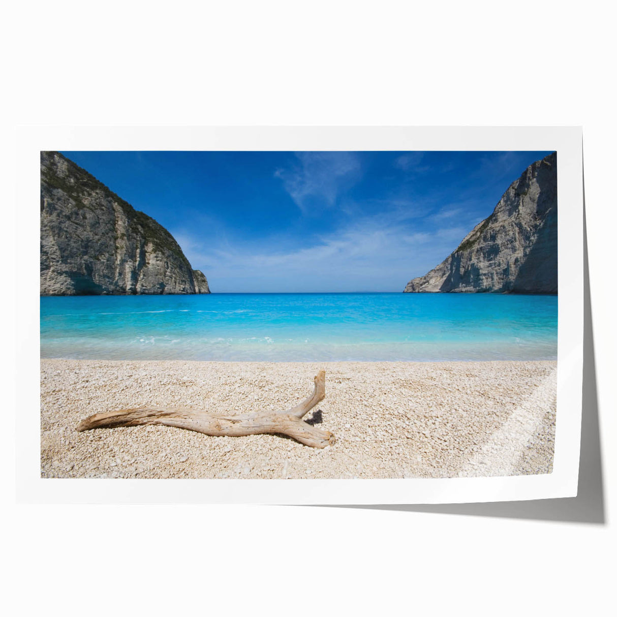 Colorful rolled print showcasing a serene beach landscape with gentle waves and a clear blue sky, perfect for home decor and relaxation vibes.