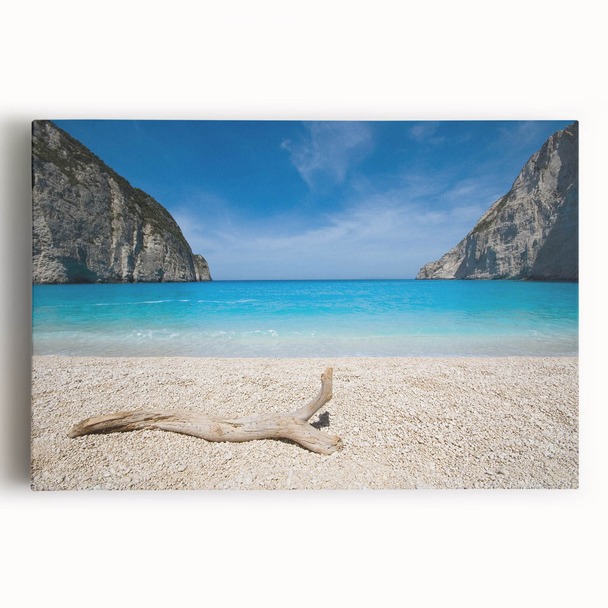 Stretched canvas wall art showcasing a serene beach landscape with vibrant colors, perfect for enhancing home decor and evoking a calming atmosphere.