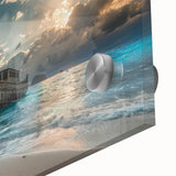 Close-up of a vibrant acrylic glass wall art piece showcasing a serene beach landscape, featuring soft waves and a colorful sunset, perfect for home decor.