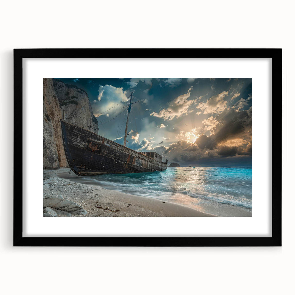 Framed wall art featuring a serene beach landscape design with a black mat, perfect for home decor. This elegant piece enhances any space with its calming ocean hues and natural beauty.