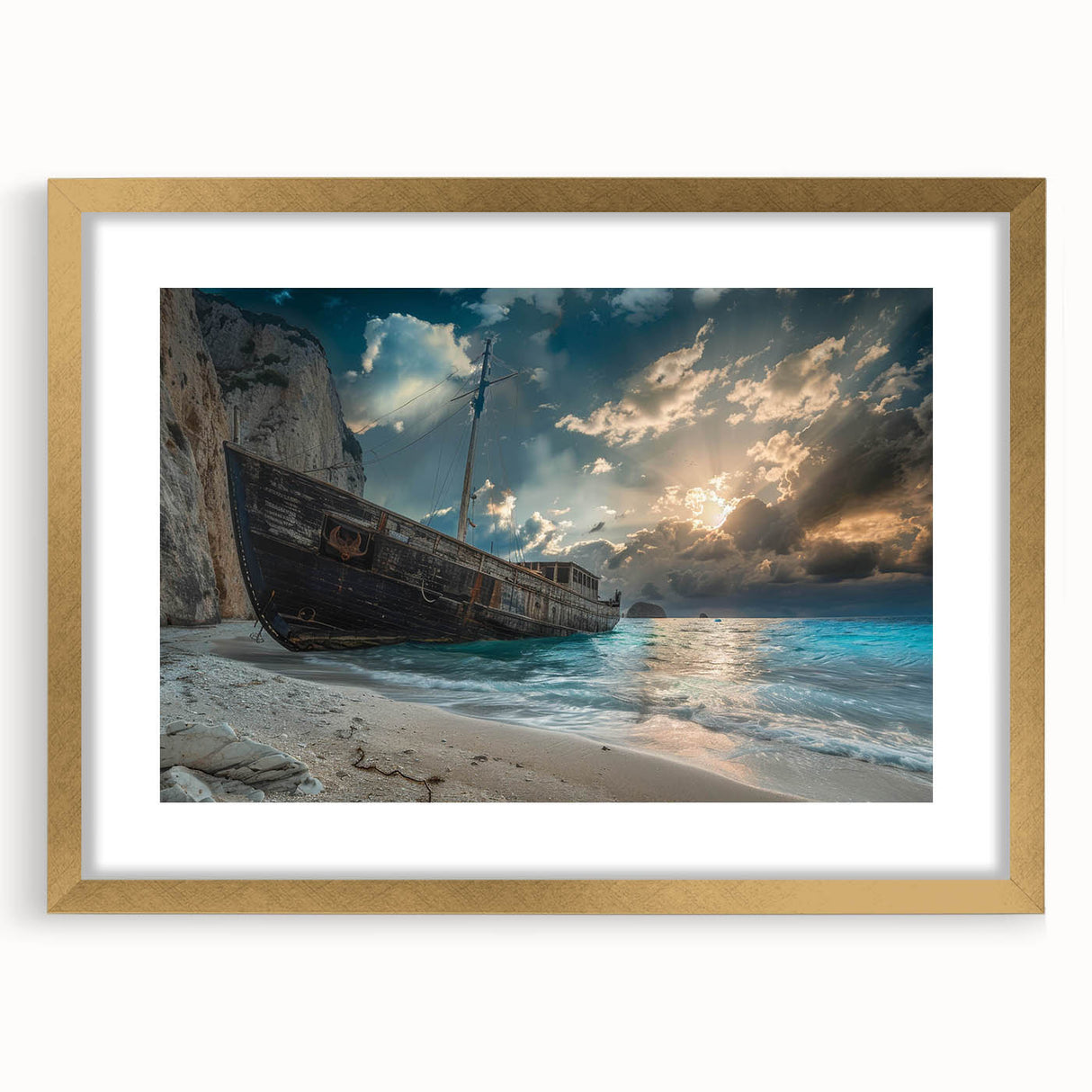 Elegant gold-framed wall art collection showcasing serene beach landscapes, featuring soft pastel colors and intricate details, perfect for home decor enhancement.