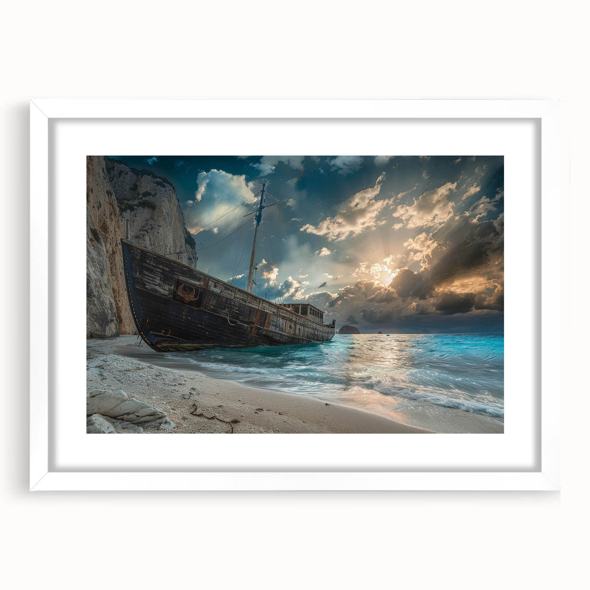 Framed wall art collection showcasing serene beach landscapes with a white mat, perfect for home decor, enhancing any living space with coastal vibes.