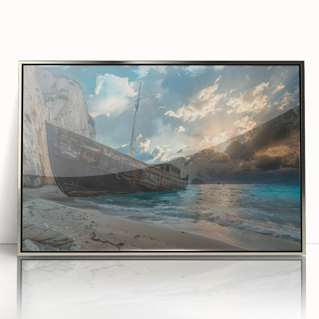 Framed acrylic wall art featuring a serene beach landscape in silver tones, showcasing gentle waves and a clear sky, perfect for modern home decor.