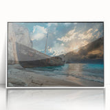 Framed acrylic wall art showcasing a serene beach landscape with vibrant colors, ideal for coastal home decor. The piece features a sleek white frame, enhancing its modern aesthetic.