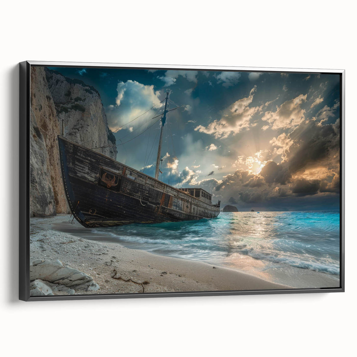 Framed canvas wall art showcasing a serene beach landscape with vibrant colors, featuring a black frame and a sleek side view, perfect for home decor.