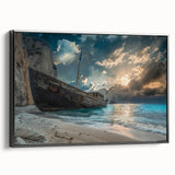 Framed canvas wall art showcasing a serene beach landscape with vibrant colors, featuring a black frame and a sleek side view, perfect for home decor.