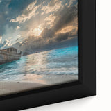 Close-up of a framed canvas showcasing a vibrant beach landscape design, featuring vivid blue ocean waves and golden sand, perfect for coastal-themed decor.