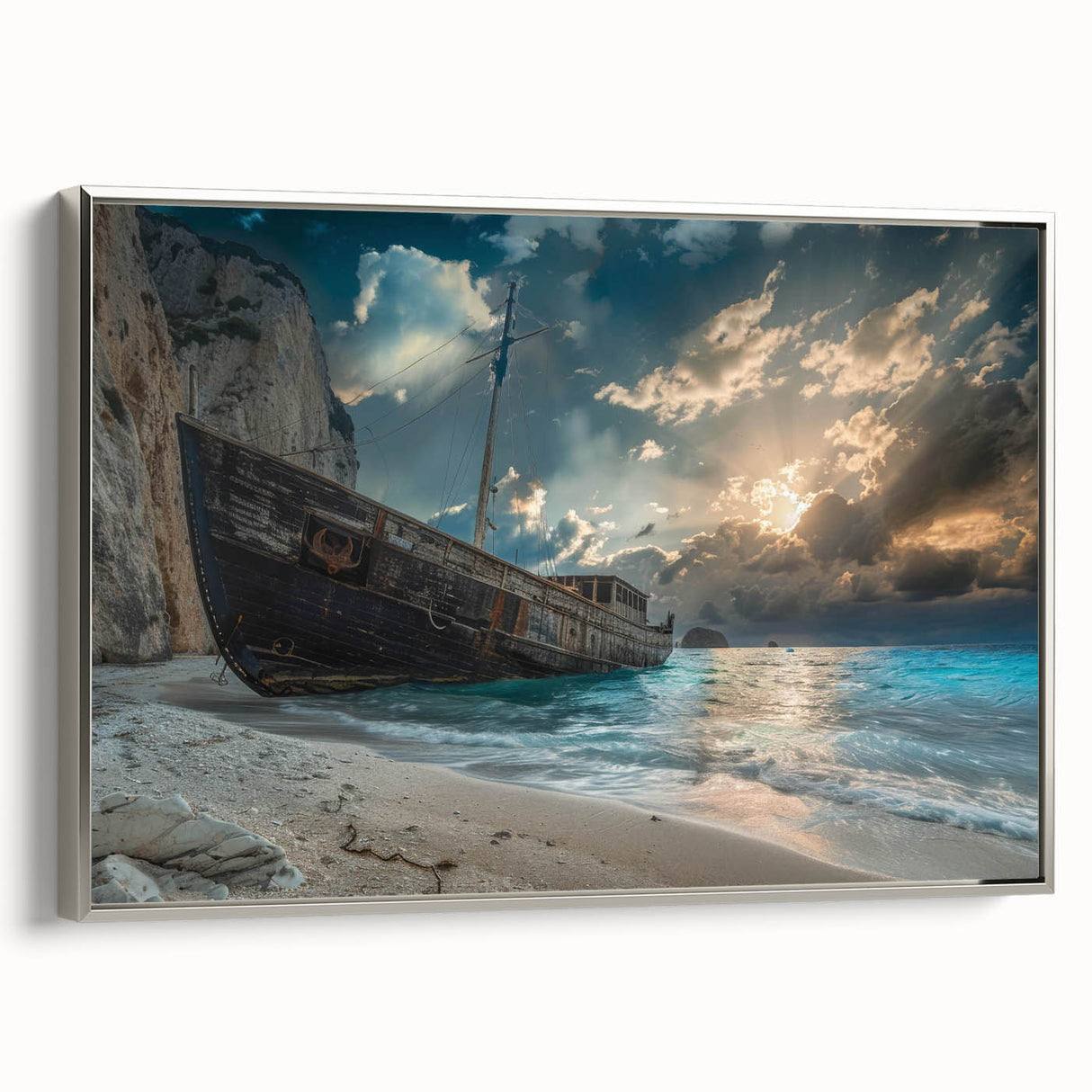Framed canvas wall art showcasing a serene beach landscape with vibrant colors, silver frame, perfect for home decor or office ambiance. Ideal for nature lovers.