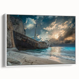 Framed canvas wall art showcasing a serene beach landscape, featuring soft blue hues and gentle waves, perfect for adding a calming touch to any room decor.