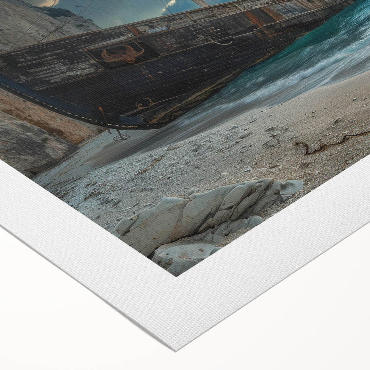 Vibrant rolled canvas wall art showcasing a serene beach landscape with soft waves and a clear blue sky, perfect for enhancing home decor aesthetics.