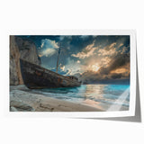Vibrant rolled print of a serene beach landscape with gentle waves and a clear blue sky, perfect for home decor or wall art collection. Ideal for coastal-themed interiors.