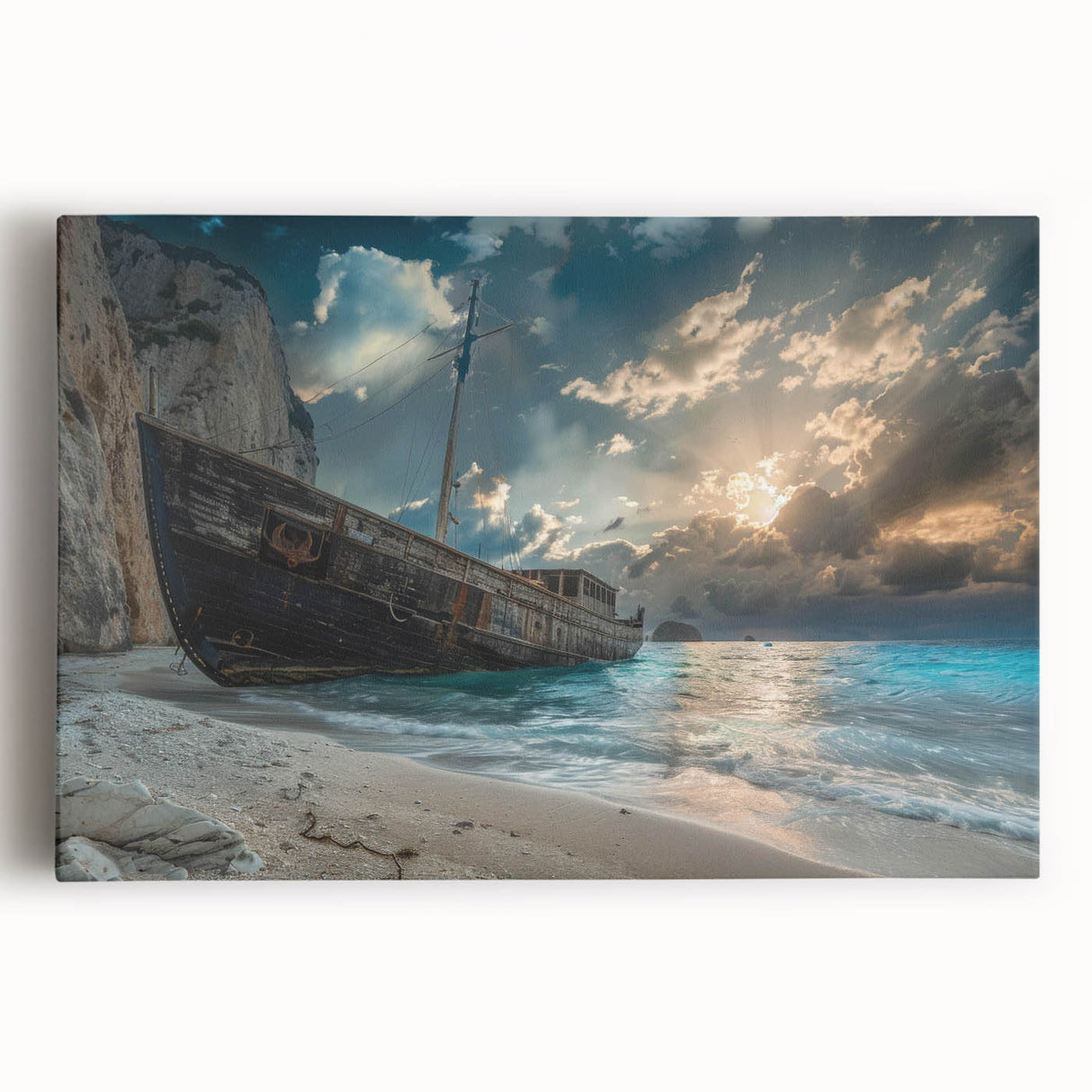 Stretched canvas wall art showcasing a vibrant beach landscape design in vivid colors, perfect for home decor. Ideal for enhancing coastal-themed interiors.