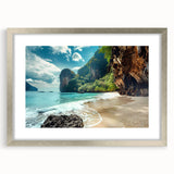 Framed wall art featuring a serene beach landscape, with vibrant colors and intricate details, set in a sleek silver frame with a mat, perfect for home decor.