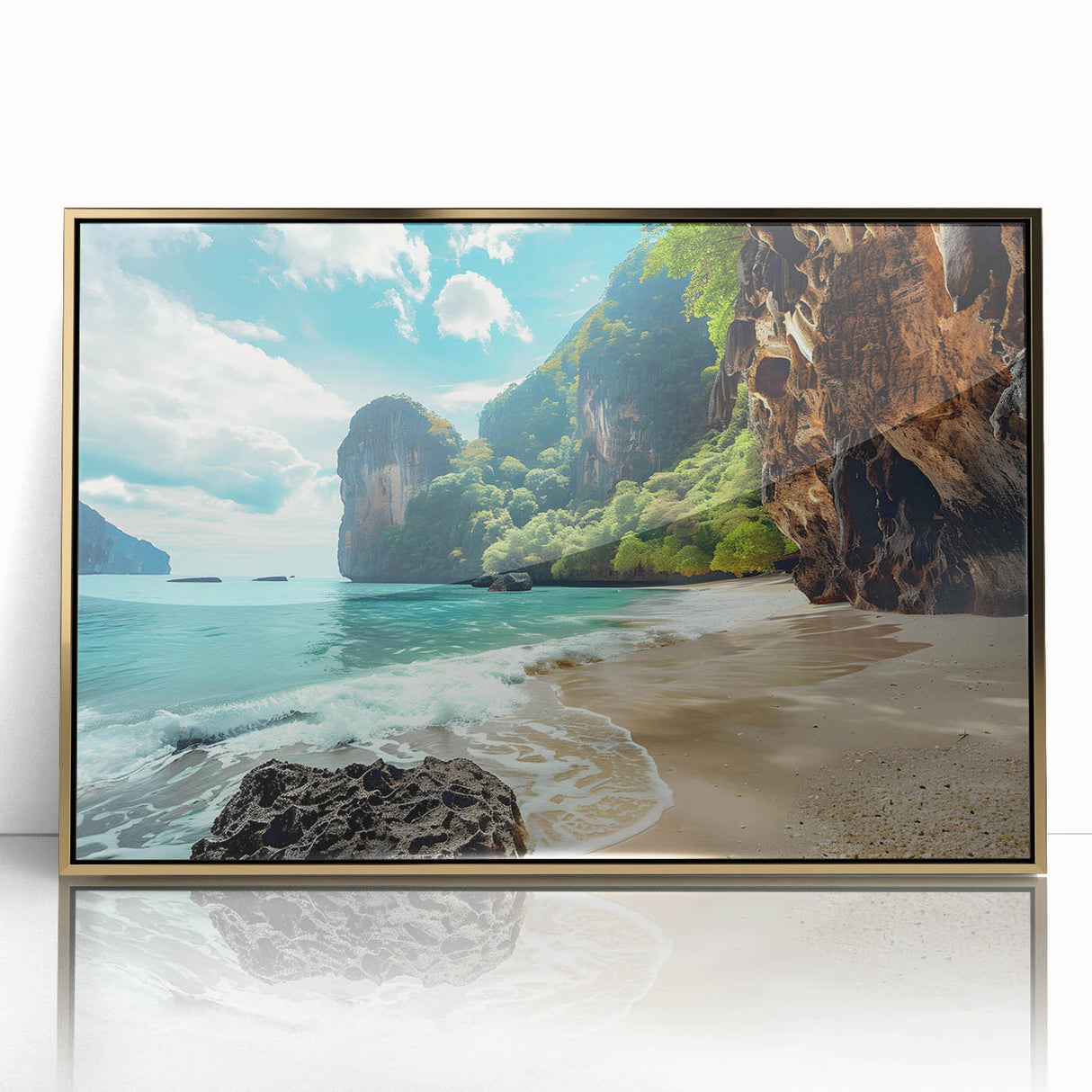 Framed acrylic wall art showcasing a serene beach landscape with golden hues, perfect for enhancing home decor with a coastal theme and tranquil ambiance.
