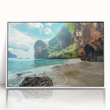 Framed wall art collection showcasing a serene beach landscape, featuring vibrant colors and detailed textures, set in a sleek white frame, perfect for home decor.