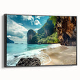 Framed canvas wall art showcasing a serene beach landscape in vibrant colors, with a sleek black frame emphasizing the artwork's depth and detail. Ideal for coastal-themed decor.