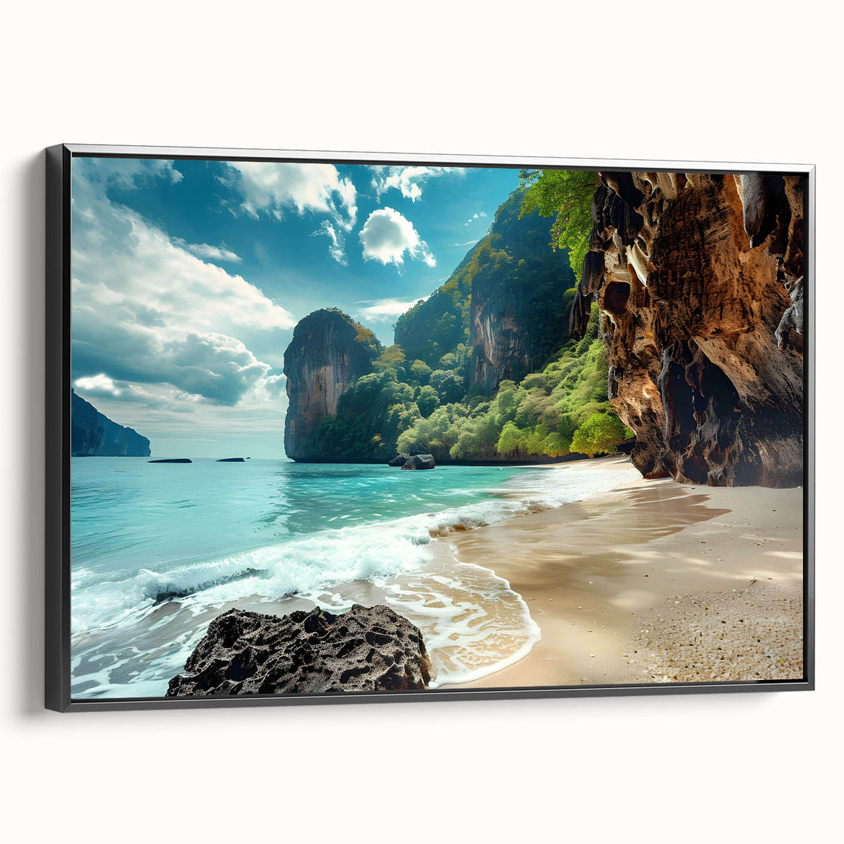 Framed canvas wall art showcasing a serene beach landscape in vibrant colors, with a sleek black frame emphasizing the artwork's depth and detail. Ideal for coastal-themed decor.