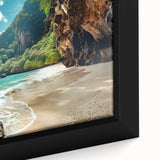 Close-up of a framed canvas wall art featuring a vibrant beach landscape, showcasing soft waves, golden sand, and a serene blue sky, perfect for coastal decor.