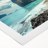 Rolled canvas wall art depicting a serene beach landscape, showcasing soft pastel colors and gentle waves, ideal for coastal-themed home decor.