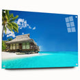 Acrylic-glass wall art collection showcasing a vibrant beach landscape design, displayed from a side view with decorative pins, perfect for modern home decor.