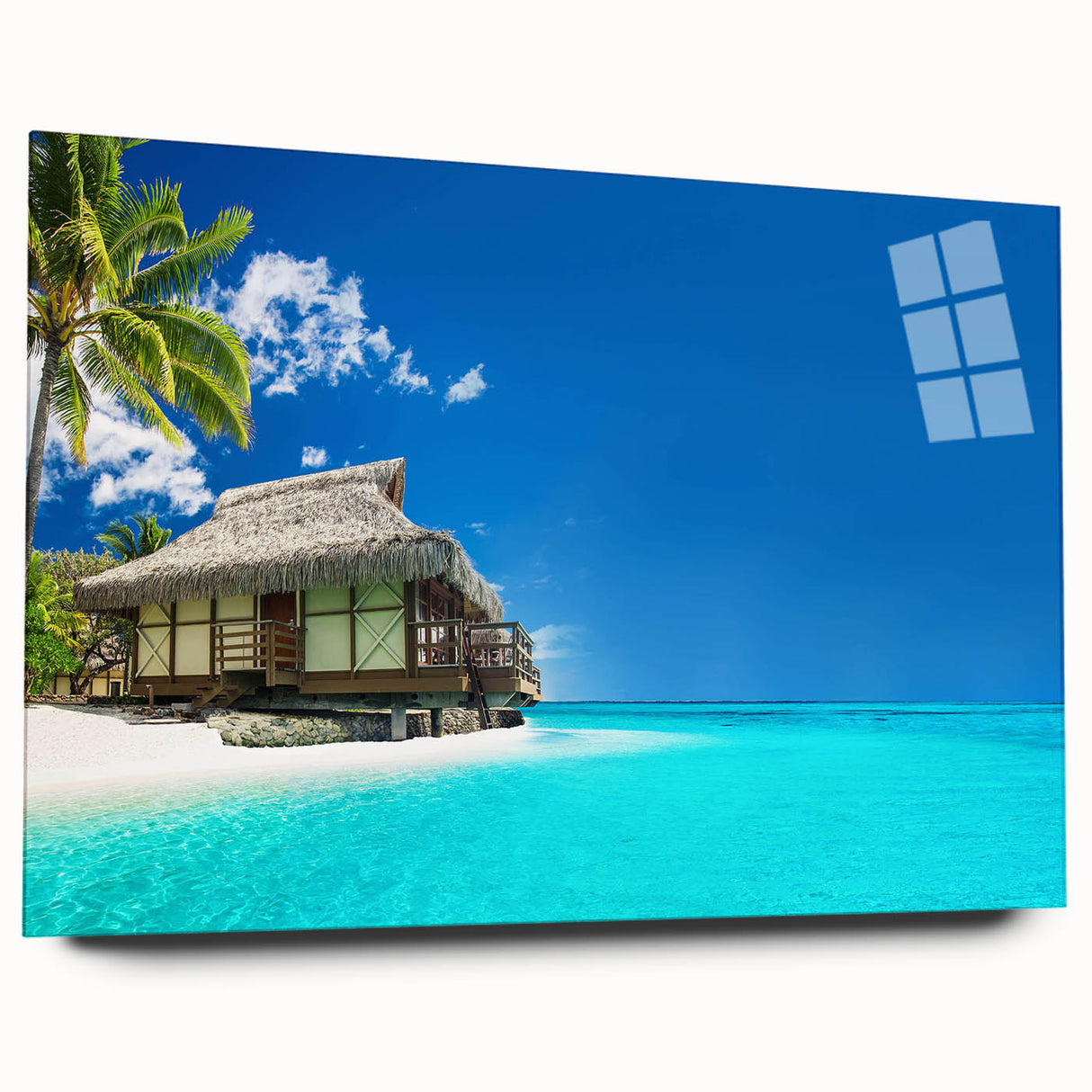 Acrylic glass wall art showcasing a vibrant beach landscape design, featuring vivid colors and detailed textures, displayed in a modern side view without pins.