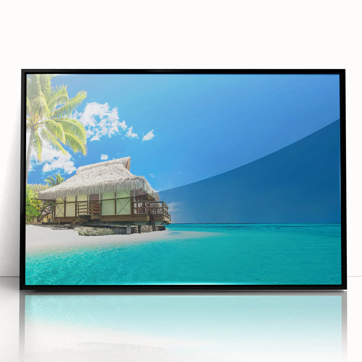 Framed wall art featuring a stunning beach landscape with vibrant colors, set in a sleek black frame, perfect for home decor and coastal aesthetics. The artwork captures serene ocean waves and golden sands, enhancing any living space with a touch of tranquility.