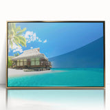 Framed wall art collection showcasing a stunning beach landscape with vibrant colors and a gold-acrylic frame, perfect for adding elegance to any decor.