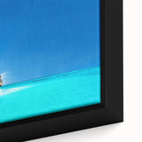 Framed canvas artwork showcasing a serene beach landscape with vibrant colors, capturing golden sands and gentle waves, perfect for home decor.
