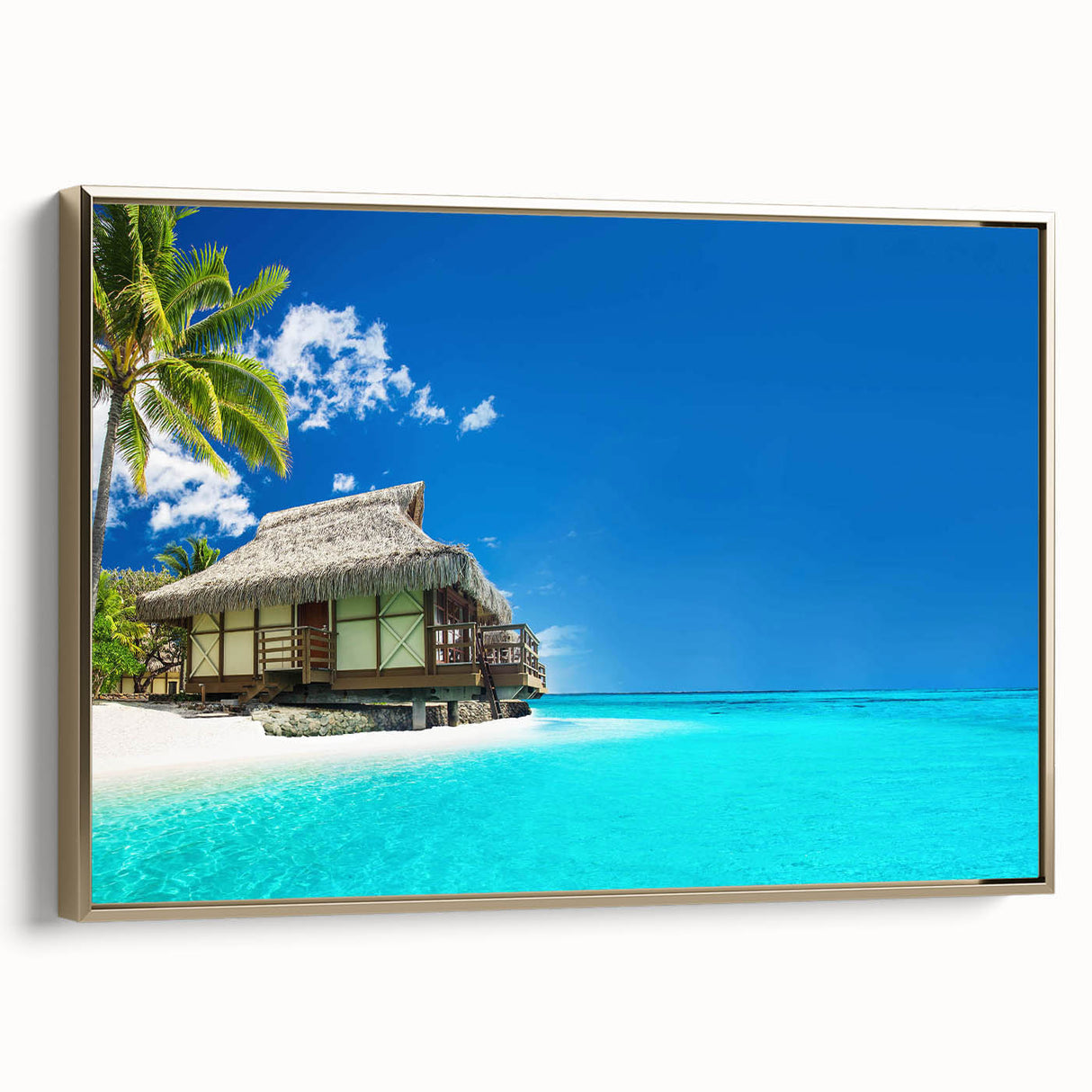 Framed canvas wall art depicting a serene beach landscape with golden hues, showcasing tranquil waves and a sunset sky, ideal for home decor enthusiasts.