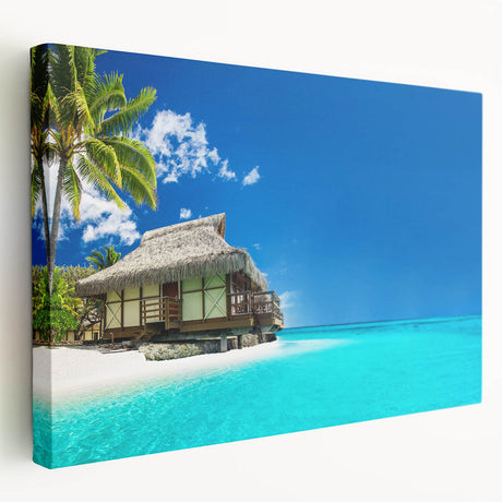 Stretched canvas wall art showcasing a serene beach landscape design with vibrant colors, perfect for home decor or coastal-themed interiors, viewed from the side.
