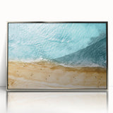 Framed acrylic wall art depicting a serene beach landscape design with silver accents, showcasing vibrant colors and intricate details, perfect for home decor.