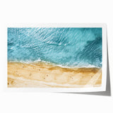 Colorful beach landscape wall art print showcasing serene ocean waves and golden sand, rolled for easy shipping and display in home décor. Perfect for coastal-themed interiors.