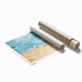 Vibrant rolled print showcasing a serene tropical beach landscape with soft waves and palm trees, designed for wall art collection, ideal for home decor.