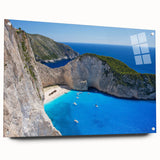 Acrylic glass wall art collection showcasing a vibrant beach landscape design with a side view display, secured with decorative pins for an elegant presentation. Perfect for modern home decor, this piece adds a coastal touch to any room.