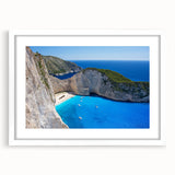 Framed landscape wall art depicting serene beach scenery, featuring a white mat and sleek frame, ideal for home decor or office aesthetics, invoking tranquility.