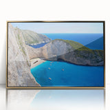 Framed wall art featuring a serene beach landscape design with vibrant colors and gold accents, perfect for enhancing modern home decor aesthetics.