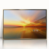 Framed wall art collection showcasing a vibrant beach landscape design with golden accents, perfect for adding a serene coastal vibe to home decor.