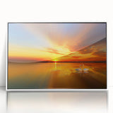 Framed acrylic wall art featuring a serene beach landscape design with vibrant colors, displayed in a sleek white frame, perfect for coastal-themed decor.