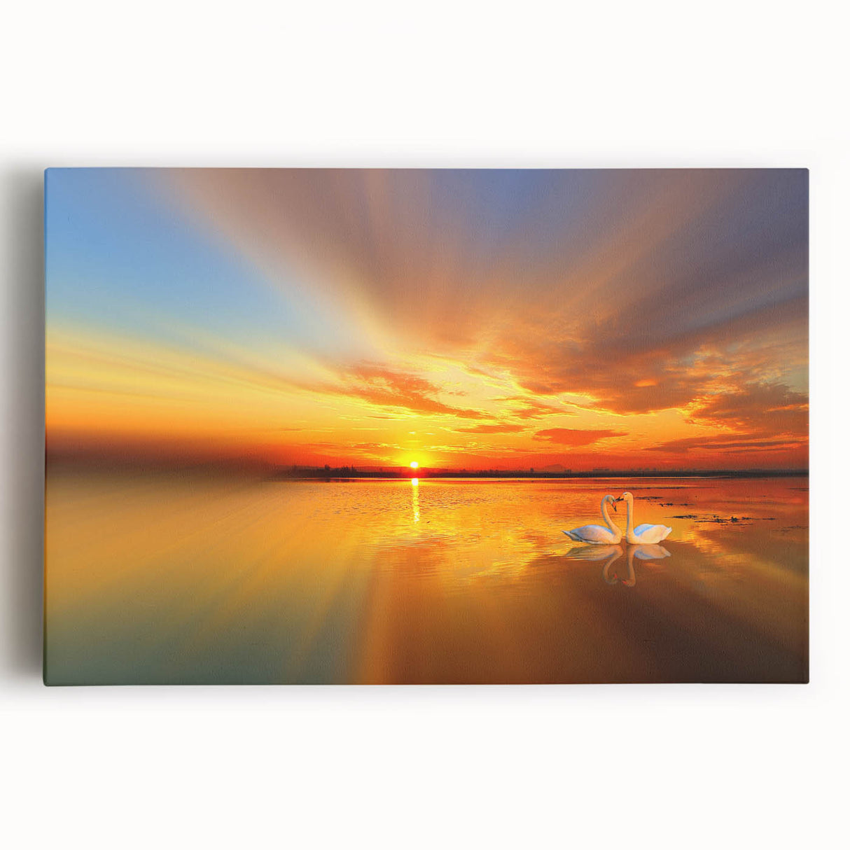 Stretched canvas wall art depicting a serene beach landscape at sunset, featuring vibrant colors of orange, pink, and blue, ideal for home decor.