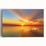 Stretched canvas wall art depicting a serene beach landscape at sunset, featuring vibrant colors of orange, pink, and blue, ideal for home decor.