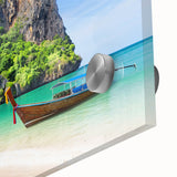 Close-up view of a vibrant acrylic glass wall art piece featuring a scenic beach landscape, showcasing rich colors and intricate details, ideal for modern home decor.