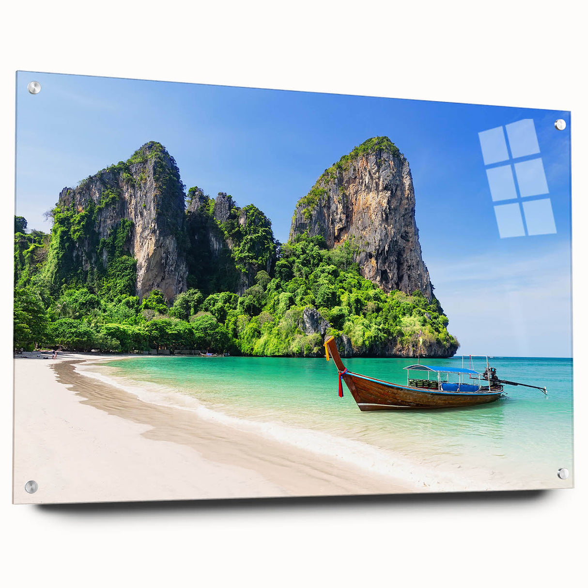 Acrylic glass wall art display showcasing a vibrant beach landscape design, viewed from the side with decorative pins, perfect for home decor enthusiasts.