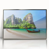 Framed acrylic wall art depicting a serene beach landscape with vibrant colors and intricate details, perfect for home decor and coastal-themed interiors. This artwork adds a calming atmosphere and visual interest to any room.